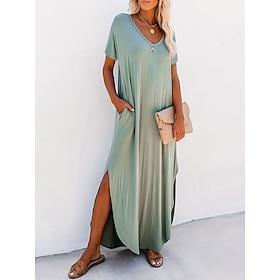 Women's Maxi Dress Summer Dress Casual Daily Regular Fit Plain Short Sleeve V Neck Black Pink Green Summer