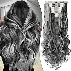 Clip in Hair Extensions 24 Inch 8PCS Natural Black Mix Silver Grey Long Wavy Synthetic Hair Extensions Clip ins Thick Double Weft Extensions for Women