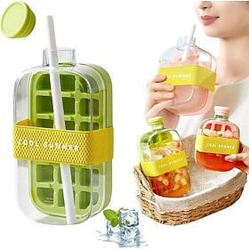 Ice Cube Bottle with Straw for Cool Summer, My Crush Cup Ice Cube Trays for Water Bottles, 2 in 1 Portable Touch-Free Ice Maker Kettle with Lid and Bin for Qui