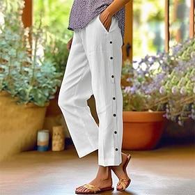 Women's Summer Pants 100% Cotton Cropped Pants Fashion Casual Ankle-Length Mid Waist Plain Elastic Waist Comfortable Breathable Street Daily Wear Going out Bla