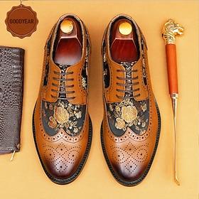 Men's Tan Leather Brogue Shoes with Hand-Painted Floral Detailing - Stylish Wingtip Shoes for Weddings, Business and Special Events