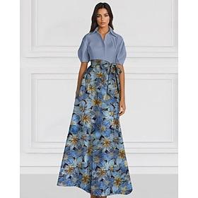 Jacquard Brocade Floral  A-Line Evening Gown Elegant Dress Formal Wedding Guest Floor Length Short Sleeve Shirt Collar Pocket Nylon with Pocket 2025