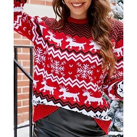 Women's Sweater Pullover Fashion Streetwear Snowflakes Ribbed Crew Neck Knitted Print Long Sleeve Regular Tops Knit Christmas Outdoor Holiday White Red Winter