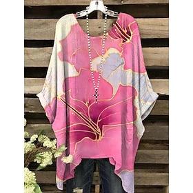 Women's Blouse Floral Graphic Elegant Vintage Daily Short Sleeve Batwing Sleeve Crew Neck Regular Tops Daily Holiday Beach Wear Pink Blue Green Summer Spring