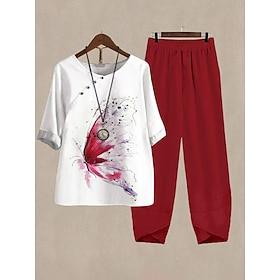 Women's Basic Shirt Pants Sets Half Sleeve Round Neck Graphic Butterfly Abstract Print Holiday Weekend Red Blue Dusty Blue Summer Regular Fit