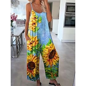Women's Jumpsuit Vacation Vintage Ethnic Style Full Length High Waist Floral Graphic Color Block Drawstring Inelastic Formal Vacation Street Robin's Egg Blue G