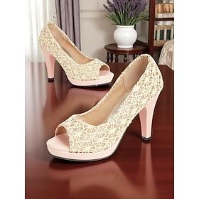 Women's 1950s Vintage Cream Lace Peep Toe High Heels with Pink Platform – Elegant Retro-Style Party Shoes for Weddings, Proms, and Formal Events
