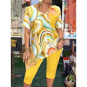 Women's Fashion T Shirt Shorts Sets Short Sleeve V Neck Graphic Geometric Abstract Print Casual Daily Yellow Pink Summer Regular Fit