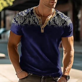 Men's Abstract Floral Print T Shirt Henley Shirt Short Sleeve Fashion Designer Modern Street Casual Daily Summer Spring Dark Blue Henley Henley T-Shirt