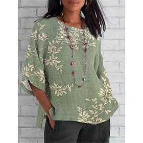 Women's Blouse Graphic Leaf Bohemia Daily Ethnic 3/4 Length Sleeve Crew Neck Regular Tops Daily Holiday Vacation Wear Print Yellow Camel Green Beige Summer Spr