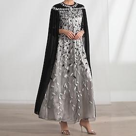 Cape Dress A-Line Mother of the Bride Dress Elegant Crew Neck Crystals Floor Length Long Sleeve with Embroidery Lace 2025