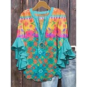 Women's Blouse Floral Graphic Vintage Daily Stylish 3/4 Length Sleeve V Neck Regular Tops Daily Holiday Vacation Wear Print Yellow Green Summer Spring