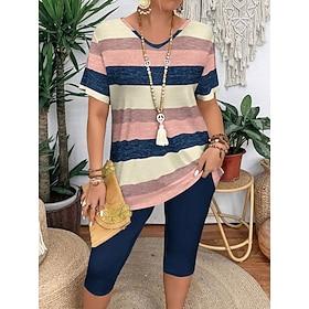 Women's Fashion T Shirt Shorts Sets Short Sleeve V Neck Graphic Striped Print Casual Daily Pink Purple Green Summer Regular Fit