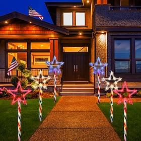 1 Pc 6 Led Outdoor Solar Pathway Lights Waterproof Red, White, Blue Five Pointed Star Ground Plug Light, July 4th, Usa Independence Day, Courtyard Garden Path