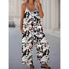 Women's Jumpsuit Vacation Vintage Ethnic Style Full Length High Waist Animal Drawstring Inelastic Formal Vacation Street rice white Robin's Egg Blue Summer Spr