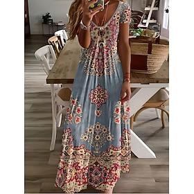 Women's Midi Dress Sundress A Line Dress Vacation Casual Boho Beach Going out Standard Fit Floral Graphic Short Sleeve V Neck Blue Gray Green White Light Green