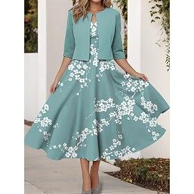 Women's Dress Set A Line Dress Summer Dress Party Semi Formal Floral Graphic Print Midi Dress Half Sleeve V Neck Wedding Guest Daily Red Blue Purple Summer Spr