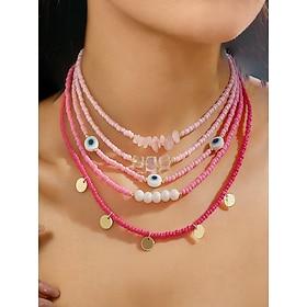 Women's Colorful Beaded Layered Necklace Set – Boho Evil Eye, Pearl, and Charm Accents – Adjustable Summer Jewelry for Teens and Young Women – Ideal for Beach,
