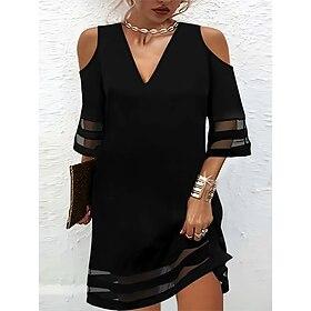 Women's Midi Dress Shift Dress Summer Dress Casual Cold Shoulder Flared Sleeve Regular Fit Solid Color Plain Sleeveless Crew Neck Black Summer Spring