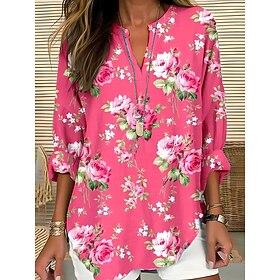 Women's Summer Tops Floral Graphic Vintage Tropical Hawaiian Long Sleeve V Neck Regular Tops Daily Holiday Beach Wear Print Pink Blue Sky Blue Khaki Beige Summ