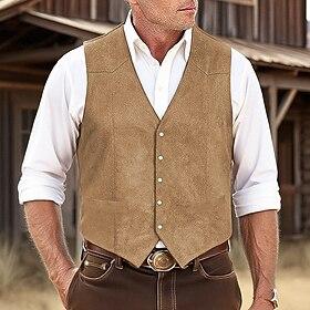 Men's Faux Suede Vest Vest Gilet Suede Vest Outdoor Daily Vintage Spring Fall Pocket Buttons Polyester Comfortable Plain Single Breasted One-button V Neck Regu
