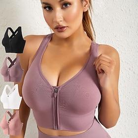 Women's Yoga Bra Pilates Bra Sports Bra Bra Top Push Up Seamless Anti-vibration Zipper Wireless Solid / Plain Color Sport Activewear Deep Purple Black Gym Zumb