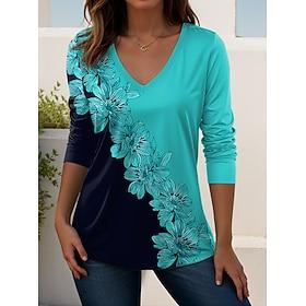 Women's T shirt Long Sleeve V Neck Long Sleeve Tunic Floral Graphic Plants Vintage Stylish Classic Tops Daily Going out Weekend Print Light Green Blue Sky Blue