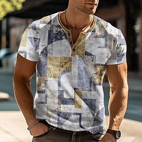 Men's Geometric T Shirt Henley Shirt Short Sleeve Designer Modern Henley Street Casual Daily Summer Spring Khaki Henley Henley T-Shirt