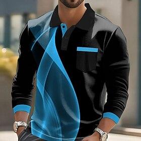 Men's Geometric Line Polo Long Sleeve Polo Shirts Collared Shirts Business Casual Business Athleisure Daily Wear Pocket 3D Print Buttons Spring Fall Winter Blu
