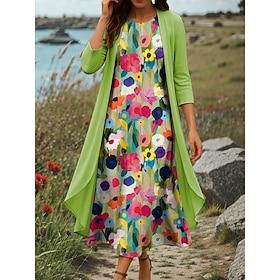 Women's Dress Set Shift Dress Summer Dress Casual Ombre Floral Layered Print Midi Dress 3/4 Length Sleeve Crew Neck Daily Blue Purple Green Summer Spring Regul