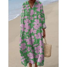 Women's Midi Dress V Neck Long Sleeve Kaftan Lightweight Loose Fit A Line Dress Casual Boho Party Going out Floral Graphic Long Sleeve V Neck Gray Green Pink P