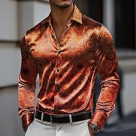 Men's Floral Print Ethnic Flowers Satin Shirt Dress Shirt Button Up Shirt Long Sleeve Vintage Retro Vacation Holiday Summer Spring Fall Turndown Collared Shirt