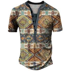 Men's Geometric Ethnic T Shirt Henley Shirt Tee Short Sleeve Designer Basic Ethnic Outdoor Casual Daily Summer Gray Henley Henley T-Shirt