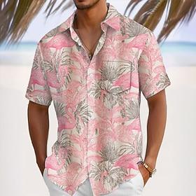 Men's Flamingo Bird Tropical Plants Summer Hawaiian Shirt Button Up Shirt Aloha Shirt Short Sleeve Shirt Turndown Hawaiian Vacation Holiday Beach Wear Light Pi
