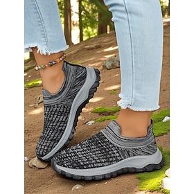 Women's Black Flyknit Trail Running Sneakers – Slip-On Hiking Shoes with Cushioned Grip Sole for Outdoor Adventure and Forest Walks