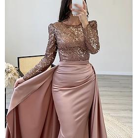 Mermaid / Trumpet Evening Gown Elegant Dress Carnival Formal Floor Length Long Sleeve Illusion Neck Detachable Satin with Pearls Overskirt 2025