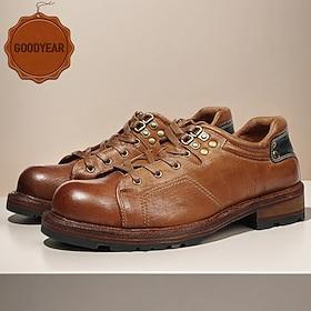 Men's Brown Low-Top Leather Work Shoes with Goodyear Welt and Metal Eyelets – Durable Casual Shoes for Outdoor Jobs and Daily Wear