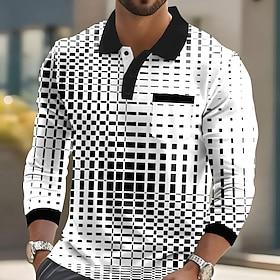 Men's Geometric Polo Long Sleeve Polo Shirts Collared Shirts Business Casual Business Athleisure Daily Wear Pocket 3D Print Buttons Spring Fall Winter Blue Bla