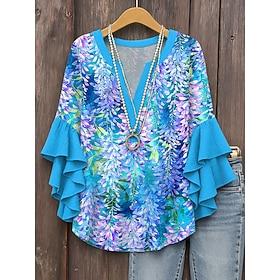 Women's Blouse Floral Graphic Daily Stylish Casual 3/4 Length Sleeve V Neck Regular Tops Daily Holiday Vacation Wear Print Pink Red Blue Green Summer Spring