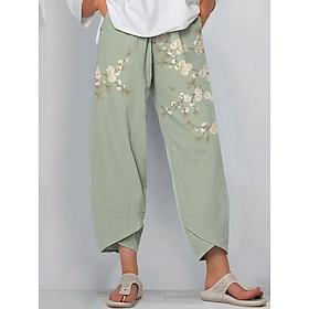 Women's Wide Leg Chinos Baggy Pants Vintage Basic Casual Ankle-Length High Waist Floral Graphic Drawstring Patchwork Printing Breathable Inelastic Casual Daily