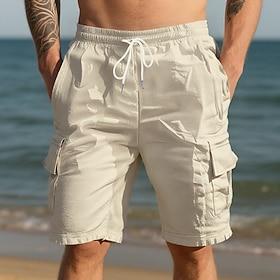 Men's Cargo Shorts Linen Shorts Summer Shorts Beach Shorts Drawstring Elastic Waist Multi Pocket Plain Comfort Breathable Knee Length Outdoor Daily Beach Vacat