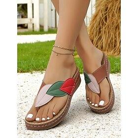 Women's Colorblock Leaf Design Wedge Sandals – Soft Sole Slip-On Flip Flops for Garden, Brunch and Summer Strolls