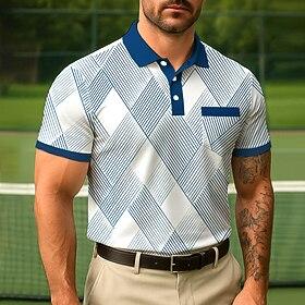 Men's Geometic Line Polo Short Sleeve Turndown Office Casual Daily Buttons Pocket Summer Violet Robin's Egg Blue White
