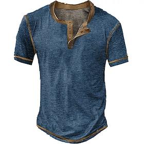 Men's Waffle Henley Shirt Tee Short Sleeve Plaid Checkered Fashion Designer Comfortable Buttons Henley Casual Daily Outdoor Summer Blue Black White Henley T-Sh