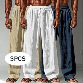 Men's Linen Pants Trousers Summer Pants Baggy Pants Beach Pants Drawstring Elastic Waist Straight Leg Plain Comfort Breathable Full Length Casual Daily Outdoor