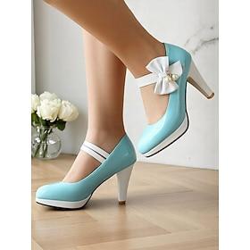 Women's 1950s Vintage Blue Patent Leather Heels with White Bow and Pearl Detail – Retro Platform Pumps for Parties, Weddings, and Daily Elegance