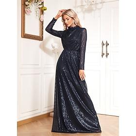 A-Line Stretch Sequin Mermaid / Trumpet Evening Gown Elegant Dress Formal Wedding Floor Length Long Sleeve High Neck Mock Neck with Drape 2025