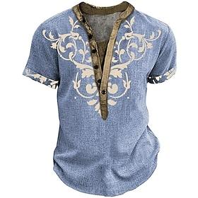 Men's Bohemian Style Ethnic T Shirt Henley Shirt Tee Short Sleeve Designer Basic Ethnic Outdoor Casual Daily Summer Light Blue Henley Henley T-Shirt