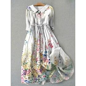 Women's Midi Dress Shift Dress Casual Daily Regular Fit Floral Graphic Half Sleeve Shirt Collar White Blue khaki Summer Spring