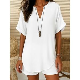 Women's Blouse Solid Color Elegant Daily Stylish Short Sleeve V Neck Notched Neck Regular Tops Daily Going out Patchwork Denim Blue White Pink Blue Green Summe